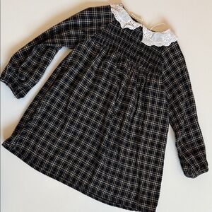 Plaid Long Sleeve Kids Dress with Peterpan lace Collar